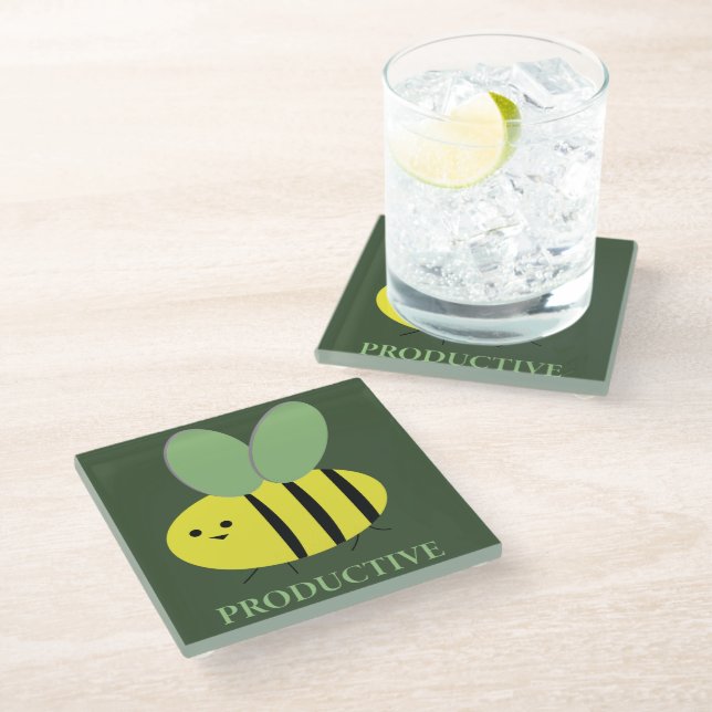 Bee Productive, Green Glass Coaster (Angled)