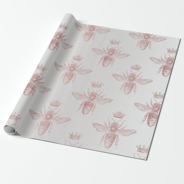 Bee Queen Rose Grey Blush Honey Bridal Honeymoon Wrapping Paper (Unrolled)
