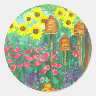 Bee Skep Cottage Garden Watercolor Sunflowers Classic Round Sticker
