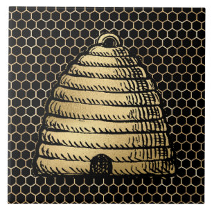 Bee Skep Hive Rustic Gold Honeycomb Black Tile