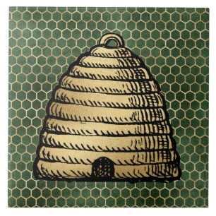 Bee Skep Hive Rustic Gold Honeycomb Green Tile