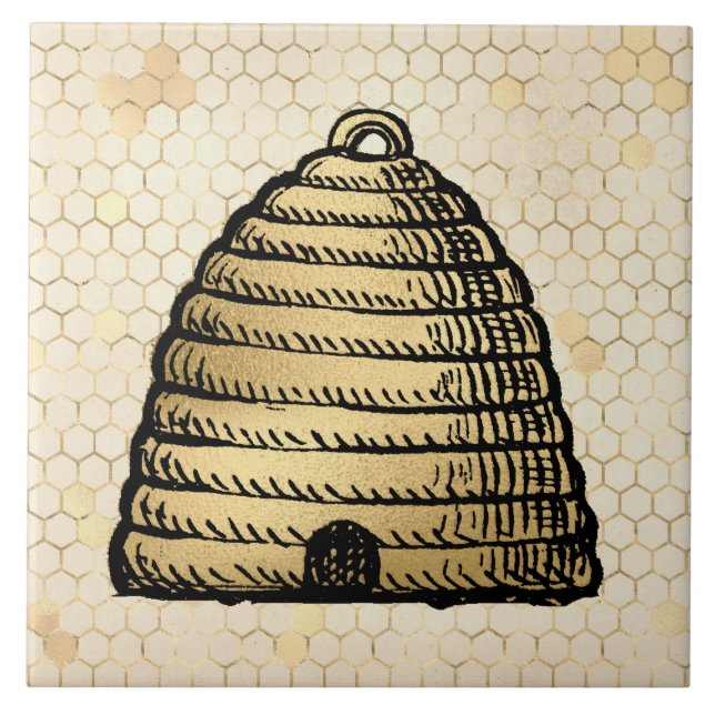 Bee Skep Hive Rustic Gold Honeycomb Tile (Front)