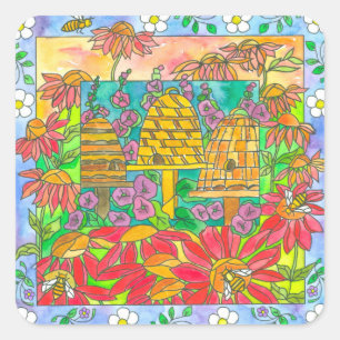 Bee Skep Red Garden Flowers Square Sticker
