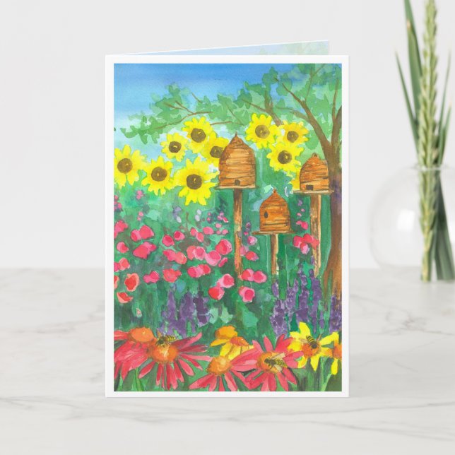 Bee Skep Watercolor Sunflowers Happy Birthday Card (Front)