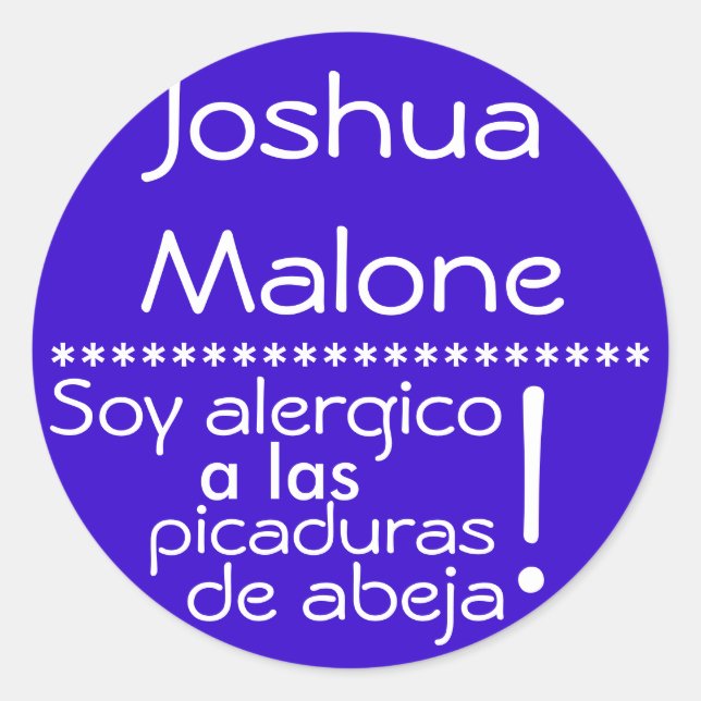 Bee sting Allergy Label (Front)