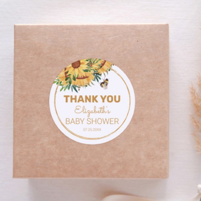 Bee, Sunflower and Gold Baby Shower Thank You Classic Round Sticker (Creator Uploaded)