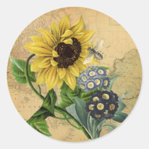 Bee Sunflower Floral & Vintage Map Classic Round Sticker