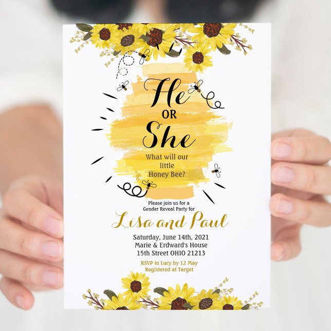 Bee Sunflower He or She Gender Reveal Invitation (Creator Uploaded)