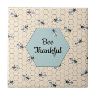 Bee Thankful Beehive Quote Turquoise Tile