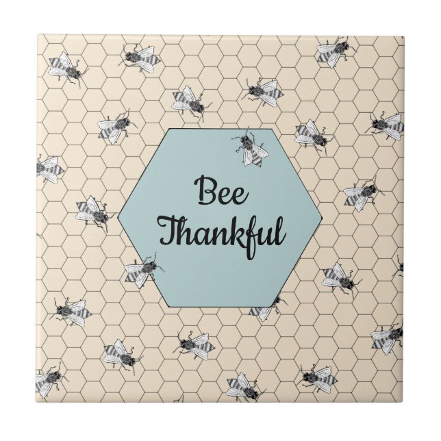 Bee Thankful Beehive Quote Turquoise Tile (Front)
