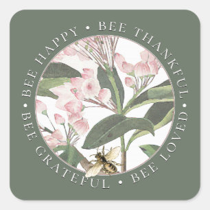 Bee Thankful Grateful Loved Flower Honey Green Square Sticker