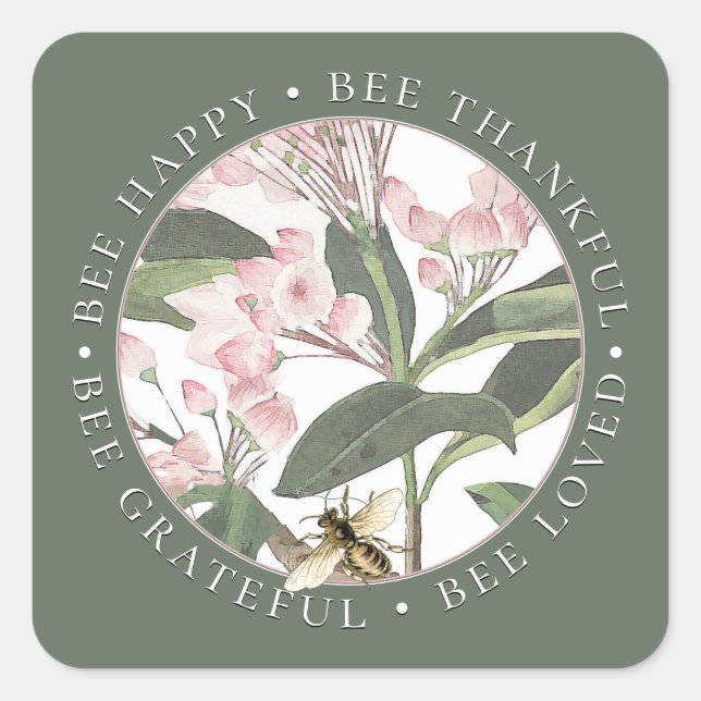 Bee Thankful Grateful Loved Flower Honey Green Square Sticker (Front)