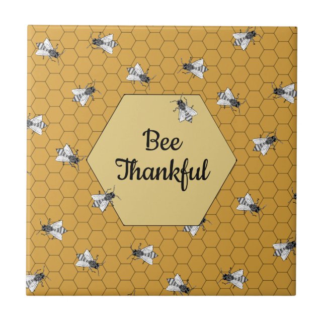 Bee Thankful Honey Bee Quotation Gold Tile (Front)