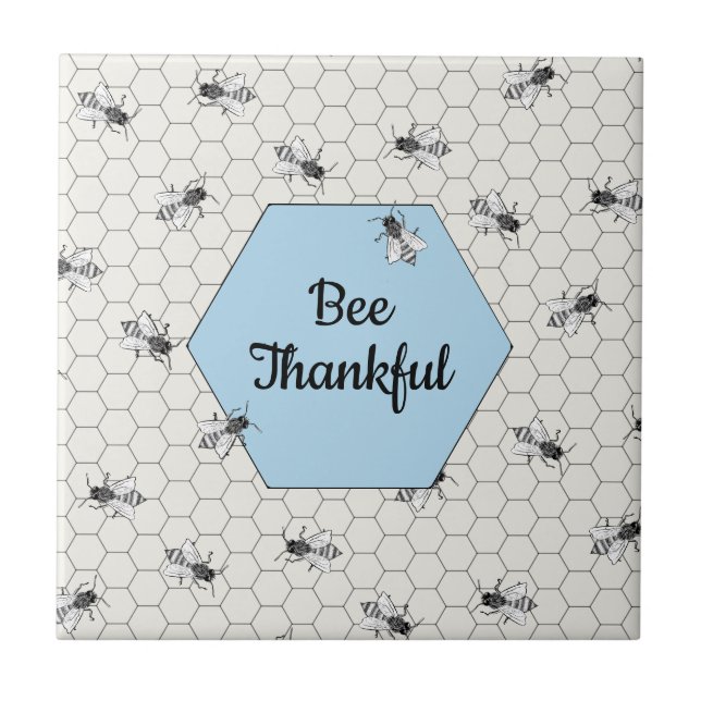 Bee Thankful Quote Cornflower Blue Tile (Front)