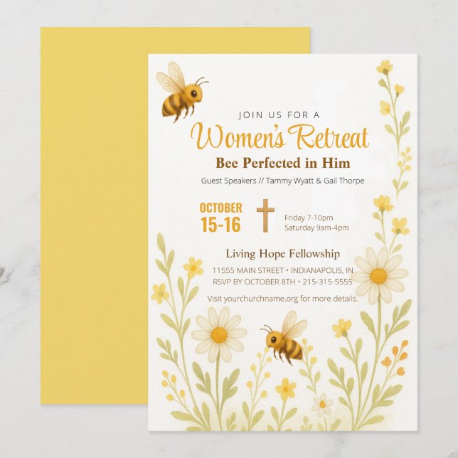 Bee Theme Gold Floral Women's Church Retreat Invitation (Front/Back)