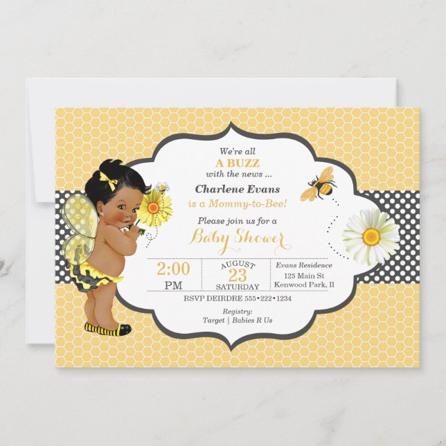 Bee Theme Yellow Gold Dot Baby Girl  Invitation (Front)