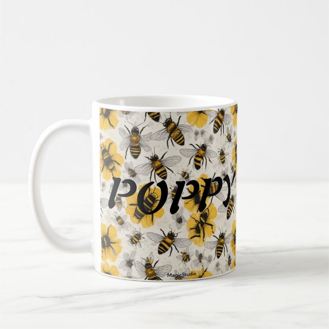 Bee-Themed Mug with Poppy Design (Left)