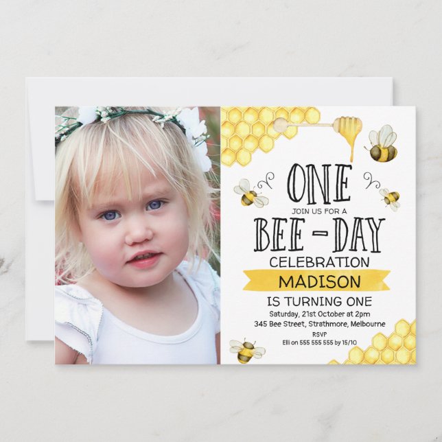 Bee Themed Photo Bee-Day First Birthday Invitation (Front)