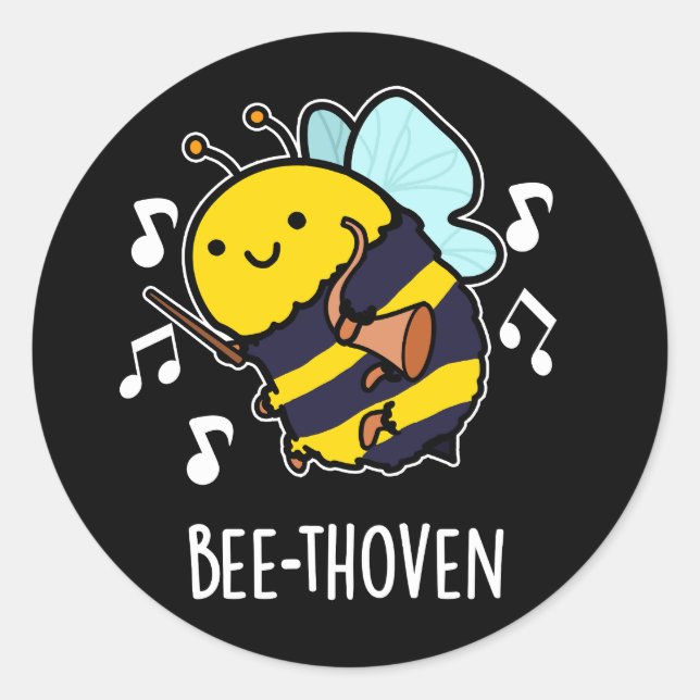 Bee-thoven Funny Music Bee Pun Dark BG Classic Round Sticker (Front)