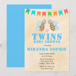 Bee Twins Watercolor Baby Shower Invitations 