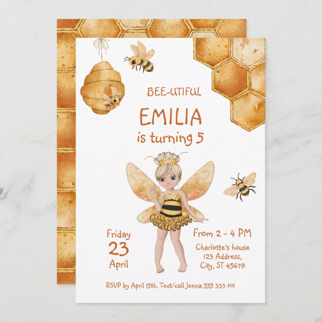 Bee-Utiful Girly Honey Bee 5th Birthday Party Invitation (Front/Back)