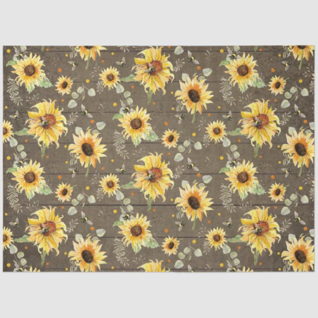 Bee w Sunflower Floral Rustic Dark Wood Decoupage Tissue Paper (Front)