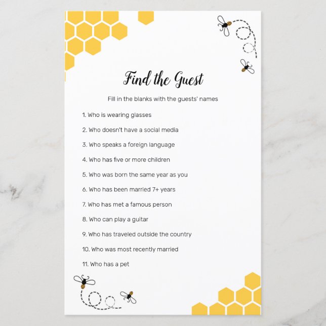 Bee Watercolor Find the Guest game (Front)