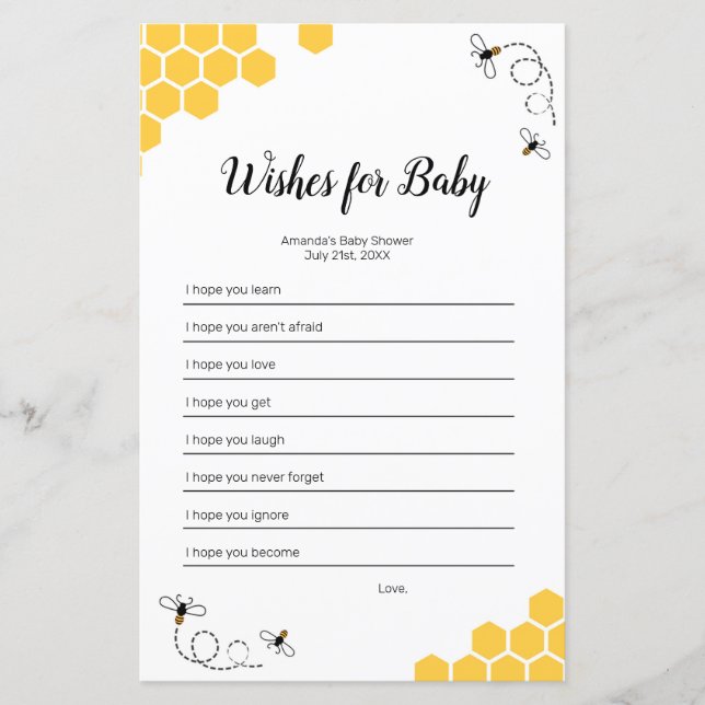 Bee Watercolor Wishes for Baby Game (Front)