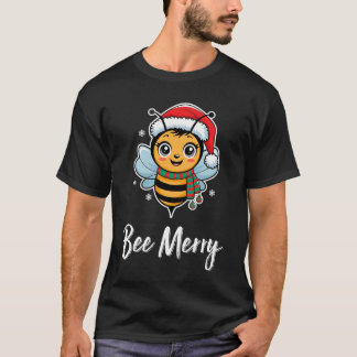 Bee Wears Santa Hat Xmas Christmas lights T-Shirt