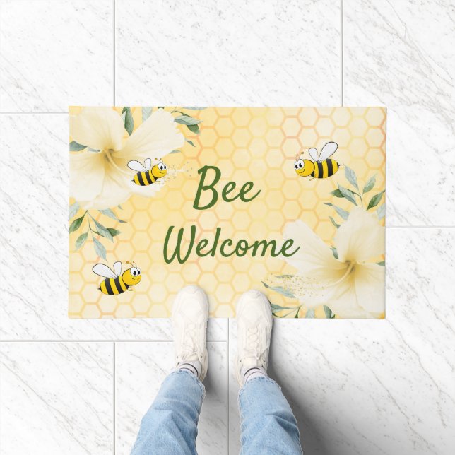 Bee Welcome bees yellow honeycomb flowers Doormat (Indoor)