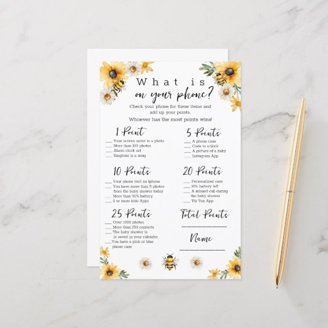Bee what's on your phone baby shower game (Front/Back In Situ)
