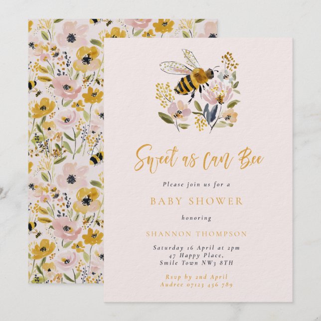 Bee & Wildflower Sweet As Can Bee Baby Shower Invitation (Front/Back)