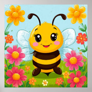 Bee with Flowers Nursery Print Kids Room Decor