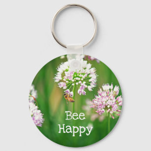 Bee with Purple Allium Garden Flower Motivational Key Ring