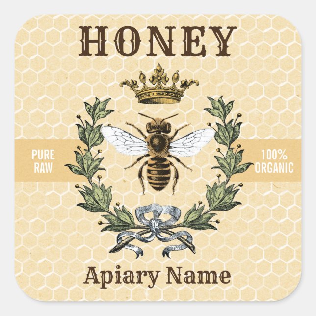 Bee Wreath and Crown Honey Jar Square Sticker (Front)