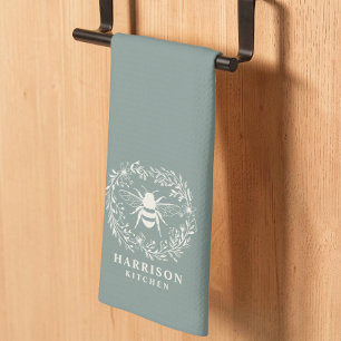 Bee Wreath Family Monogram Name Sage Green Tea Towel