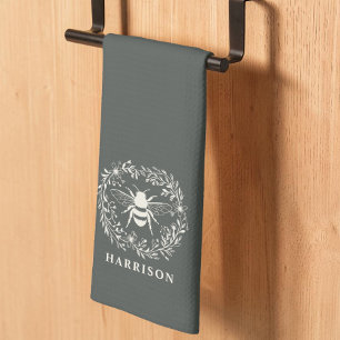 Bee Wreath Family Monogram Name Tea Towel