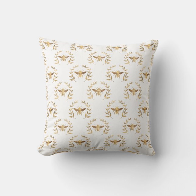 Bee wreath gold white fabric illustration cushion (Front)
