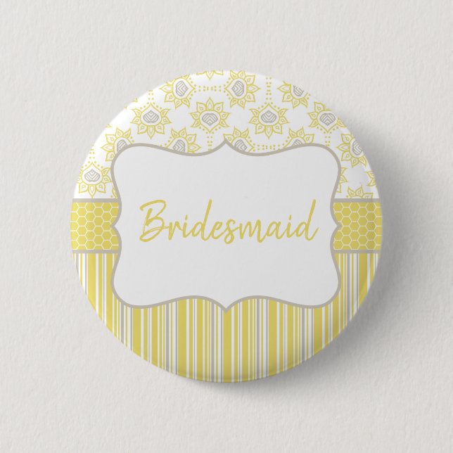 Bee Yellow and Grey Geometric Bridesmaid 6 Cm Round Badge (Front)
