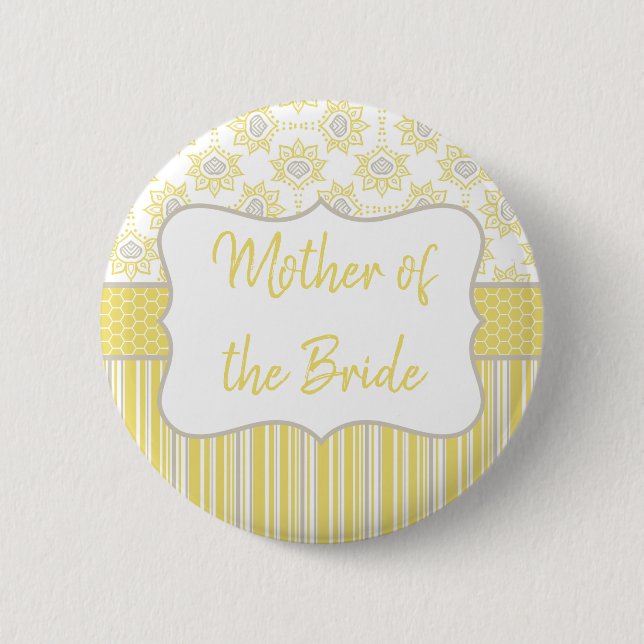 Bee Yellow and Grey Geometric Mother of the Bride 6 Cm Round Badge (Front)