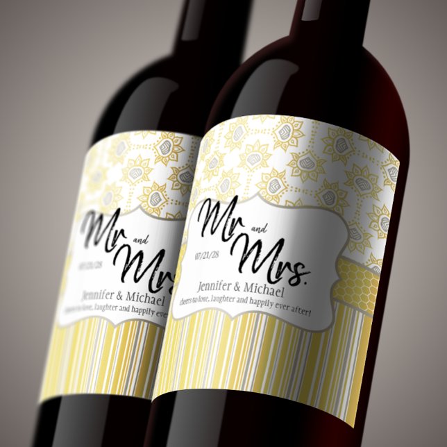 Bee Yellow and Grey Geometric Mr and Mrs Wine Label (Creator Uploaded)