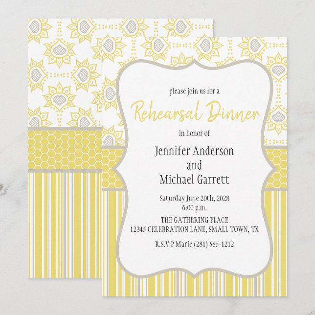 Bee Yellow and Grey Geometric Rehearsal Dinner Invitation (Front/Back)