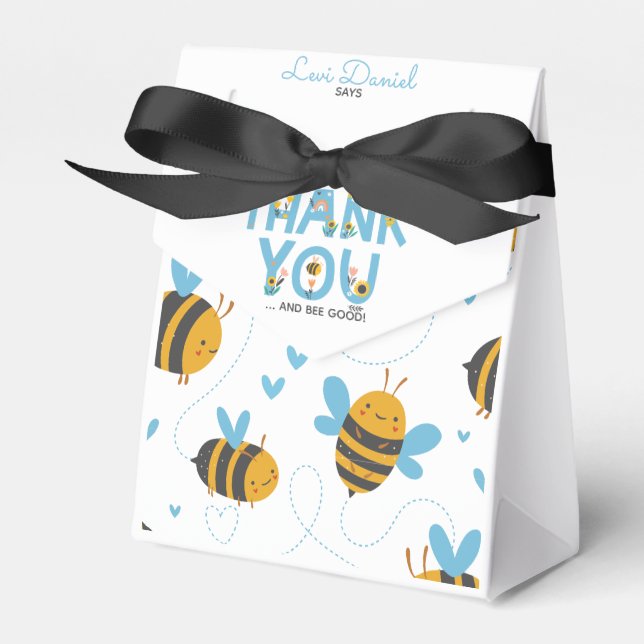 Bee Yellow & Blue Floral ONE Baby's 1st Birthday Favour Box (Front Side)