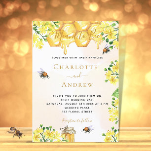 Bee yellow florals honeycomb summer wedding invitation