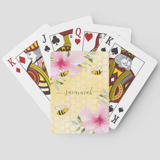 Bee yellow honeycomb pink floral name playing cards (Back)
