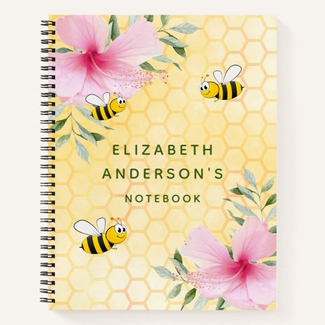 Bee yellow honeycomb pink florals notebook (Front)
