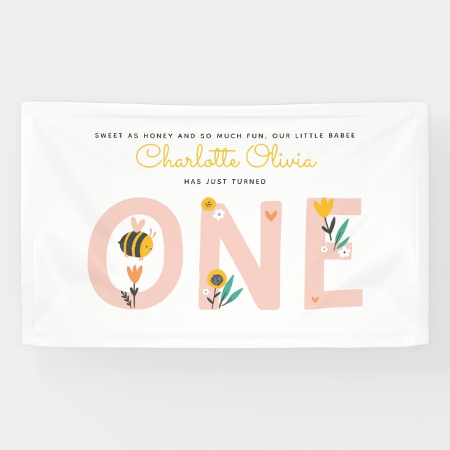 Bee Yellow & Pink Floral ONE Baby's 1st Birthday Banner (Horizontal)