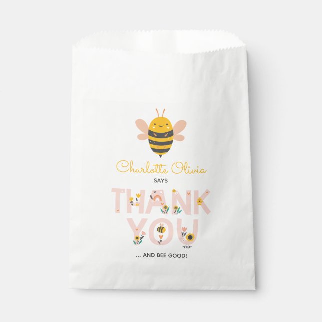 Bee Yellow & Pink Floral ONE Baby's 1st Birthday Favour Bags (Front)