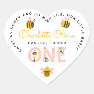 Bee Yellow & Pink Floral ONE Baby's 1st Birthday Heart Sticker
