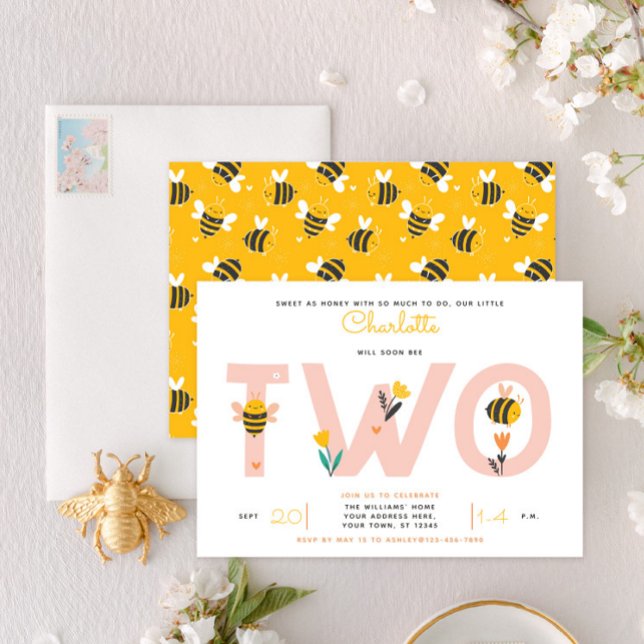 Bee Yellow & Pink Floral TWO Baby's 2nd Birthday Invitation (Creator Uploaded)